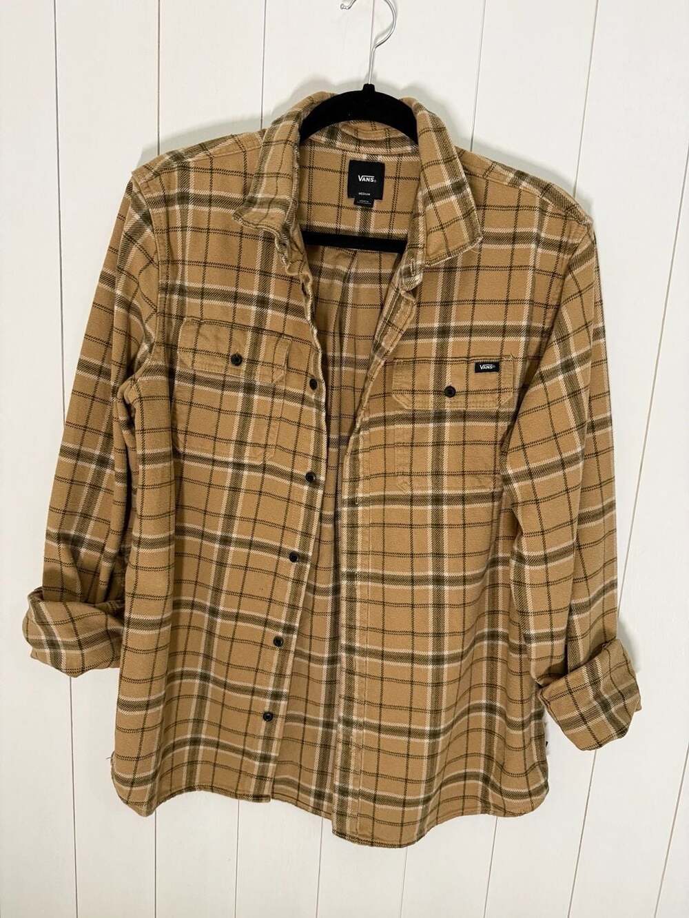 Vans Flannel Shirt Size Medium Tan Plaid Long Sleeve Button Up